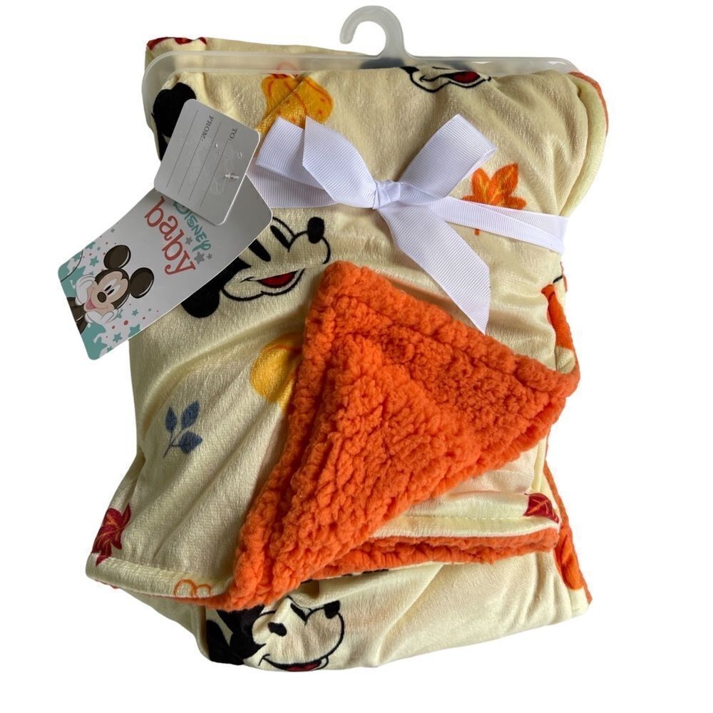 Disney Baby Mickey Mouse Reversible Sherpa Pumpkin Halloween Baby Blanket NWT